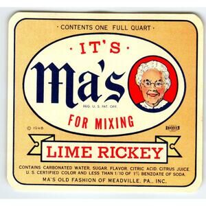 It's Ma's For Mixing Lime Rickey Label White Haired Grandma Meadville PA 1940s